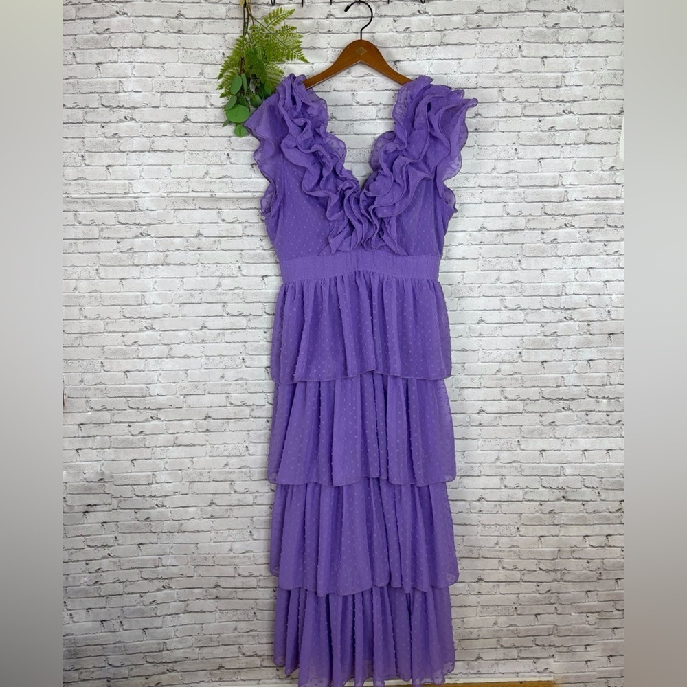 Faeriesty Lavender Purple Swiss Dot Ruffle Tiered Maxi Dress